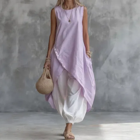 Completo Due Pezzi Donna Tinta Unita Senza Maniche Top Asimmetrico e Pantaloni Harem Bianchi Casual Estate Boho