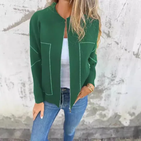 Γυναικείο Casual Ζακέτα από Απομίμηση Μαλλιού Ραφές Αντίθεσης Στρογγυλή Λαιμόκοψη Μακρύ Μανίκι Παλτό με Φερμουάρ Φθινόπωρο