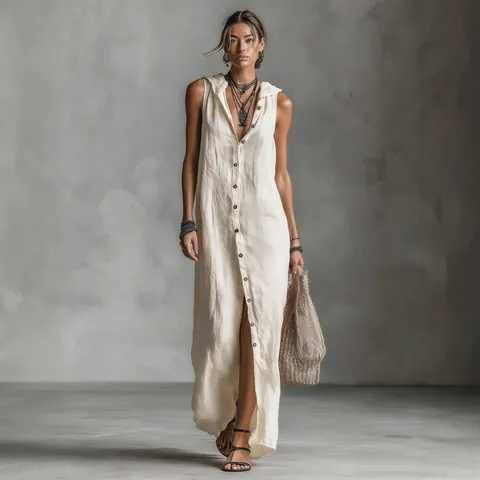 Women Sleeveless Hooded Maxi Dress Single Breasted Button Down Solid Color Polyester Loose Vacation Resort Style Summer Dress