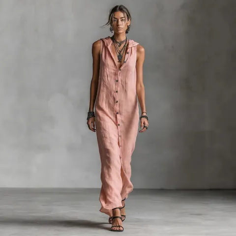 Women Sleeveless Hooded Maxi Dress Single Breasted Button Down Solid Color Polyester Loose Vacation Resort Style Summer Dress