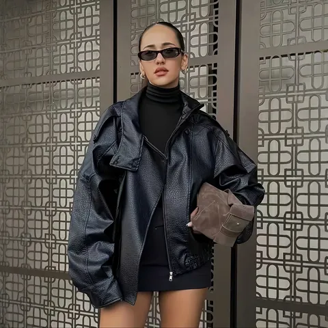 Damen Oversize Biker PU Lederjacke Stehkragen Kurz Locker Lässig Kunstleder Motorradjacke Streetwear Außenbekleidung