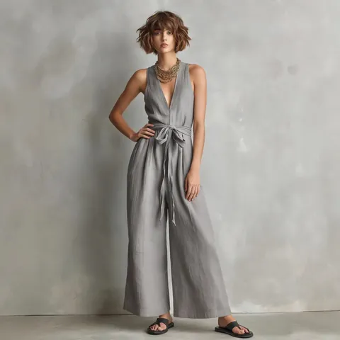 Tuta Intera Donna Elegante Senza Maniche Scollo a V Tinta Unita Gamba Larga Con Laccio in Vita Per Ufficio Moda Estiva
