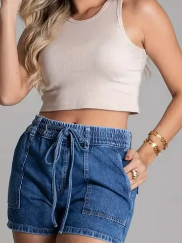 Women's High Waist Denim Shorts Elastic Waistband Drawstring Summer Casual Jean Shorts With Pockets Blue Denim Bottoms