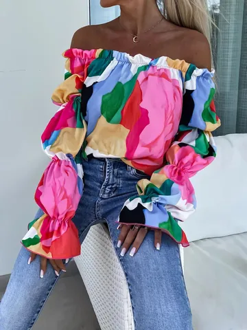 Haut à Épaules Dénudées Imprimé Floral pour Femmes Manches Bouffantes Longues T-Shirt Décontracté Ample Chemisier de Plage en Polyester