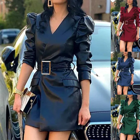 Women Chic PU Leather V-neck Puff Sleeve Slim Fit Mini Dress With Belt Elegant Autumn Winter Bodycon Party Clubwear Dress