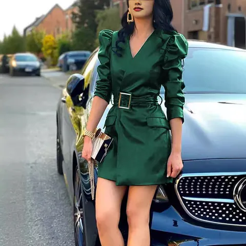 Women Chic PU Leather V-neck Puff Sleeve Slim Fit Mini Dress With Belt Elegant Autumn Winter Bodycon Party Clubwear Dress