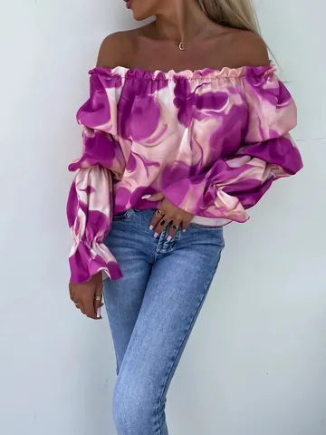 Haut à Épaules Dénudées Imprimé Floral pour Femmes Manches Bouffantes Longues T-Shirt Décontracté Ample Chemisier de Plage en Polyester