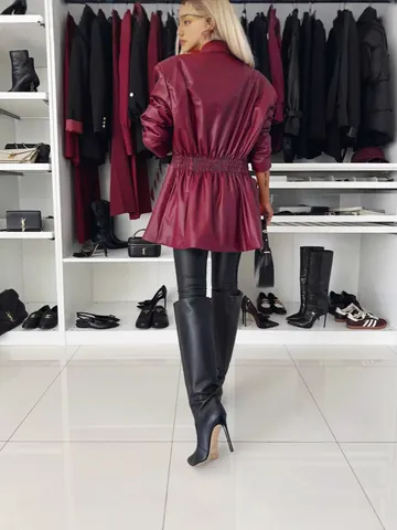 Women's Faux Leather Trench Coat Elegant Double Breasted Lapel Mid Length Waist Smocked Jacket Commuter Office Outerwear