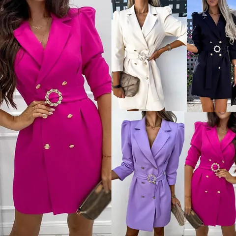 Abito Blazer da Donna con Maniche a Sbuffo e Risvolto Doppio Petto Abito Midi Aderente Con Cintura in Strass