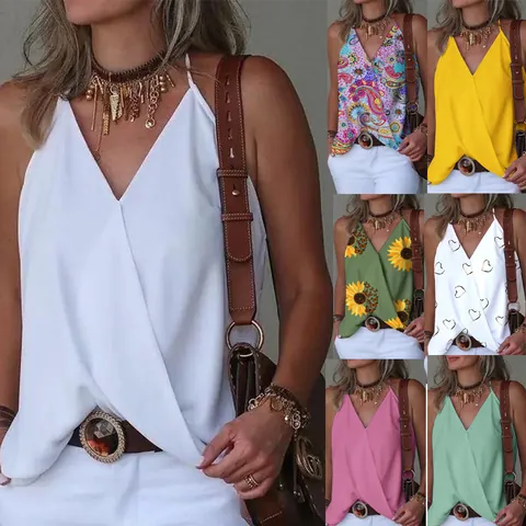 Women Casual V-Neck Polyester Spandex Tank Top Loose Sleeveless Wrap Strappy Printed Cami Undershirt Summer Top