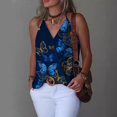 Women Casual V-Neck Polyester Spandex Tank Top Loose Sleeveless Wrap Strappy Printed Cami Undershirt Summer Top