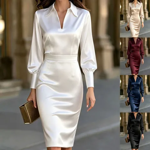 Women Elegant Satin V Neck Midi Dress Lantern Sleeve Slim Fit Solid Color Commuter Party Evening Pencil Dress