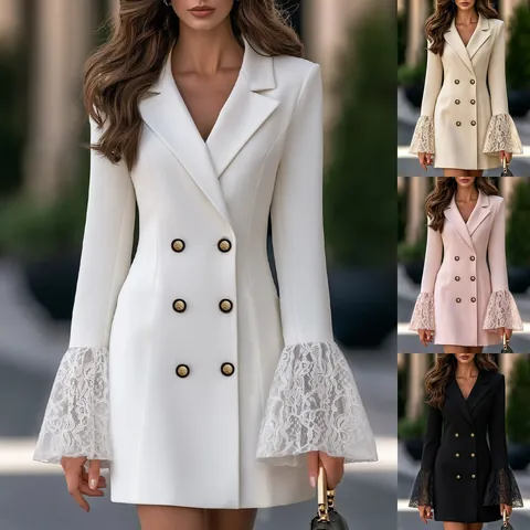 Women Elegant Blazer Collar Long Sleeve Dress Lace Patchwork Double Breasted Slim Fit Mini Dress Office Lady Fashion Solid Color Autumn Robe