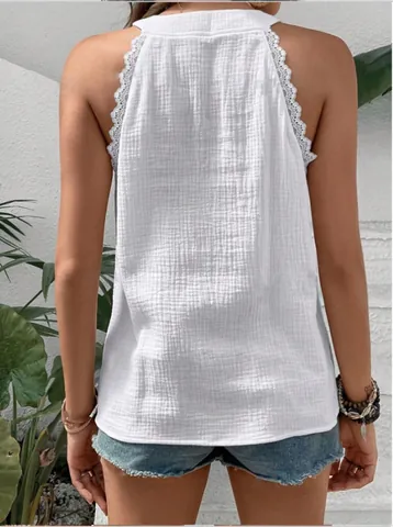 Top Senza Maniche Estivo da Donna Con Scollo a V Tinta Unita Con Finiture in Pizzo Spalle Scoperte Camicetta Casual in Poliestere