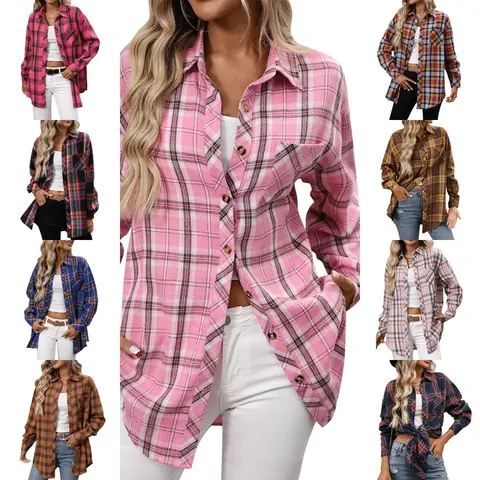 Women Plaid Long Sleeve Shirt Vintage Oversized Button Down Checkered Top With Pocket Casual Lapel Loose Fitting Blouse