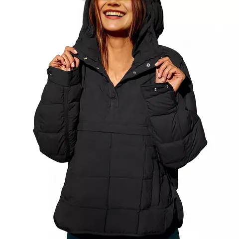 Women Quilted Puffer Jacket Hooded Pullover Top Solid Color Long Sleeve Loose Padded Outerwear For Autumn Winter