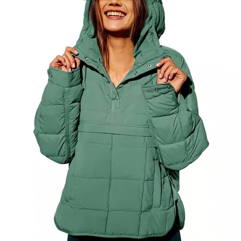 Women Quilted Puffer Jacket Hooded Pullover Top Solid Color Long Sleeve Loose Padded Outerwear For Autumn Winter