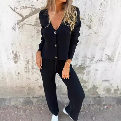 Women Ribbed Knit Sweater Set V Neck Button Cardigan and Drawstring Pants Top And Bottom Loungewear Outfit Long Sleeve Casual Tracksuit
