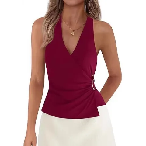 Women Halter Neck V-Neck Sleeveless Crop Top Sexy Ruched Wrap Backless Top With Metal Ring Solid Color Summer Fashion Top