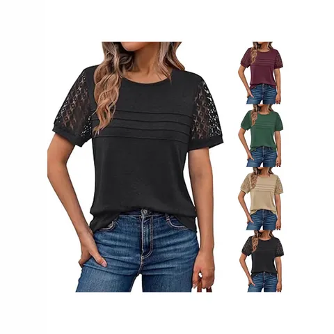 Maglietta da Donna Girocollo Top in Poliestere a Manica Corta Traforato in Pizzo Camicetta Pieghettata Casual Larga Estate Elegante