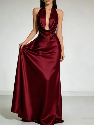 Dames Halter Open Rug Satijnen Avondjurk Sexy Gedrapeerde Hals Vloerlengte Feestjurk Hoge Taille Bruidsmeisjes Maxi Jurk