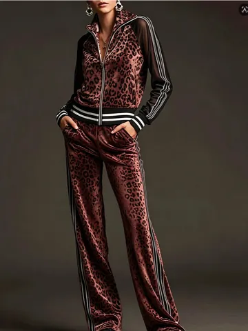Dames Luipaardprint Fluweel Top And Bottom Tweeledige Set Rits Vest Jas En Wijde Pijpen Broek Casual Sportief Trainingspak Outfits