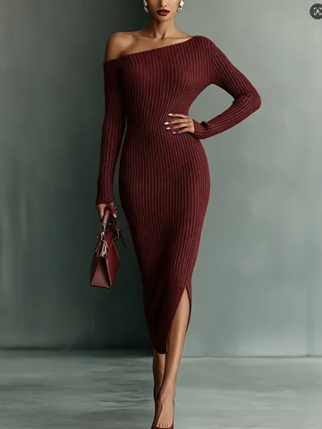 Robe Midi en Tricot à Épaules Dénudées pour Femme Élégante Coupe Ajustée Manches Longues Nervurée Mélange de Laine Automne Hiver
