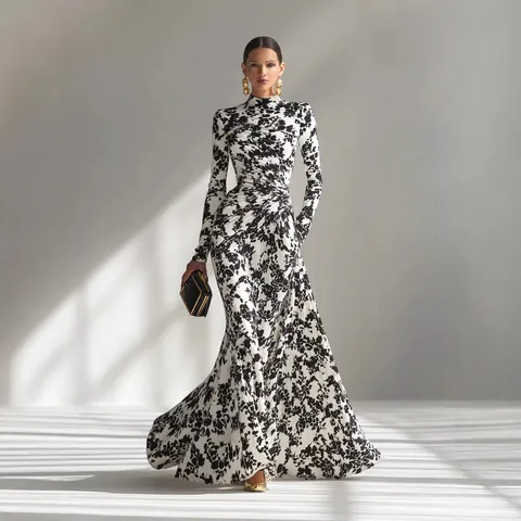 Elegant Women Long Sleeve Floral Print Ruched Maxi Dress High Neck Bodycon Evening Gown For Party Banquet Slim Fit Spring Autumn Dress