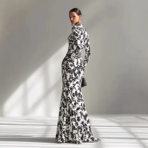 Elegant Women Long Sleeve Floral Print Ruched Maxi Dress High Neck Bodycon Evening Gown For Party Banquet Slim Fit Spring Autumn Dress