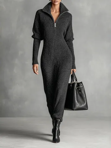 Tuta da Donna in Maglia a Costine a Maniche Lunghe Collo Alto Vestibilità Slim Cerniera Tinta Unita Pendolare Moda Tuta Lunga in Maglia Poliestere