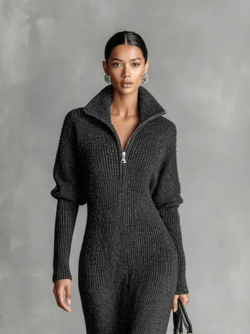 Women's Ribbed Knit Long Sleeve Jumpsuit High Neck Slim Fit Zipper Solid Color Commuter Fashion Knitted Long Romper Polyester