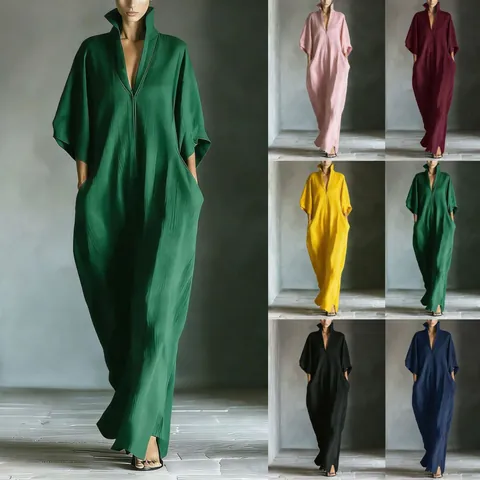 Women V Neck Maxi Dress Oversized Half Sleeve Solid Color Pleated Long Dress Kaftan With Pockets Loose Casual Summer Gown