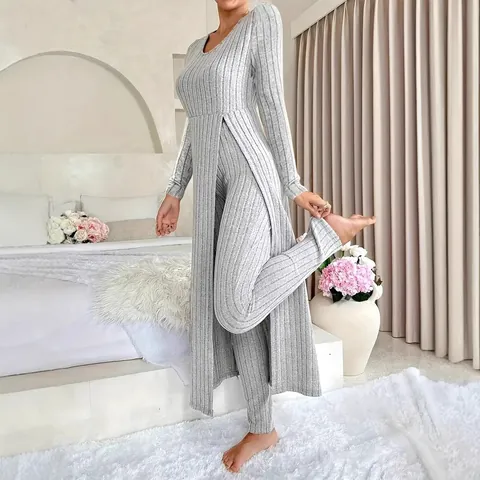Women Casual Ribbed Knit Round Neck Side Slit Top And Bottom Set Solid Color Long Sleeve Loungewear Outfit Streetwear