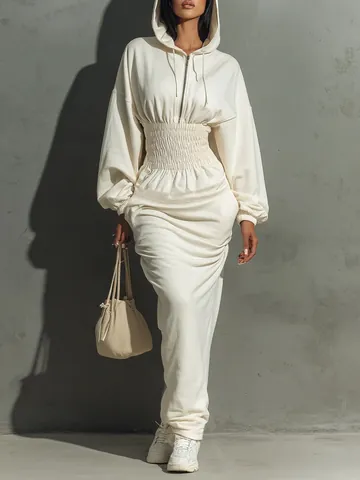 Women's Casual Hooded Smocked Waist Long Sleeve Dress Solid Color Drawstring Zip Front Maxi Sweatshirt Dress Fall Fashion