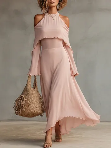 Women Halter Neck Cold Shoulder Ruffle Long Sleeve T-Shirt Summer Resort Style Loose Solid Color Wave Edge Top Fashion