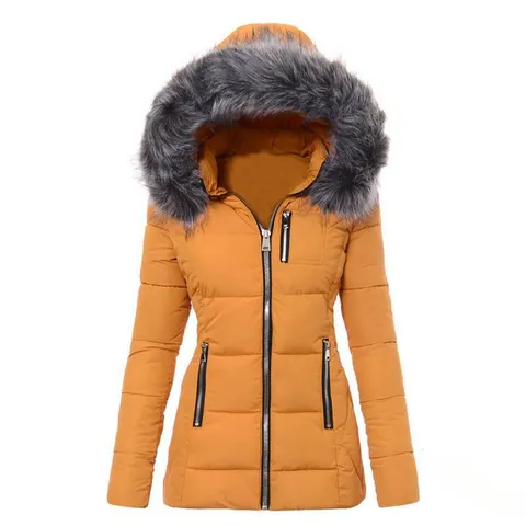 Chaqueta Acolchada Ajustada de Pelo de Conejo y Modal para Mujer Con Cuello de Piel Sintética y Capucha
