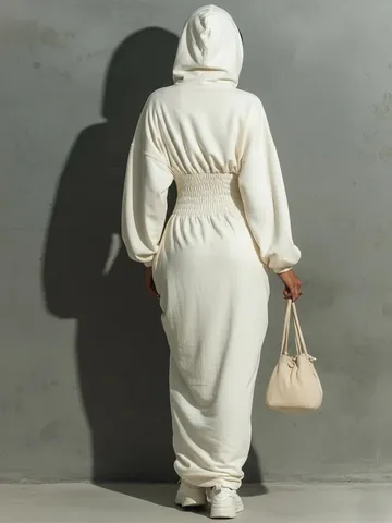Women's Casual Hooded Smocked Waist Long Sleeve Dress Solid Color Drawstring Zip Front Maxi Sweatshirt Dress Fall Fashion