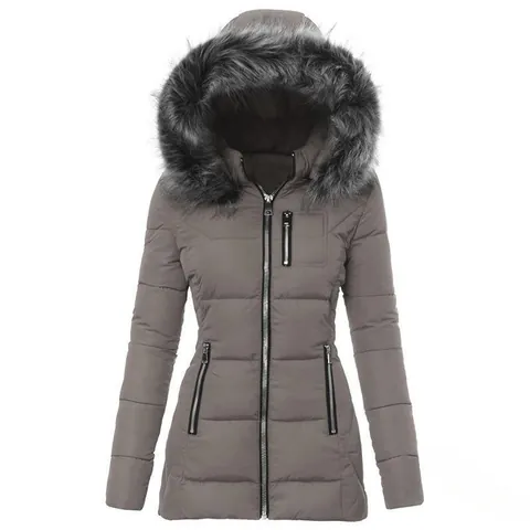 Chaqueta Acolchada Ajustada de Pelo de Conejo y Modal para Mujer Con Cuello de Piel Sintética y Capucha