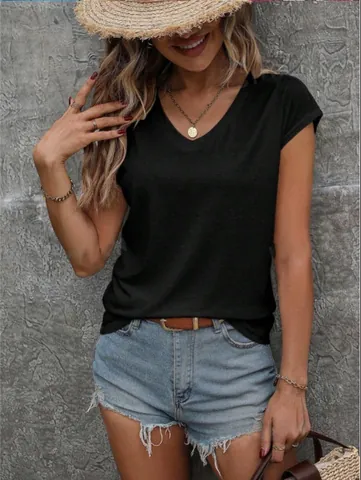 Γυναικείο T-shirt με Λαιμόκοψη V και Κοντό Μανίκι Μονόχρωμο Χαλαρό Casual Top Καλοκαιρινή Μόδα Πολυεστερικό Basic Tee