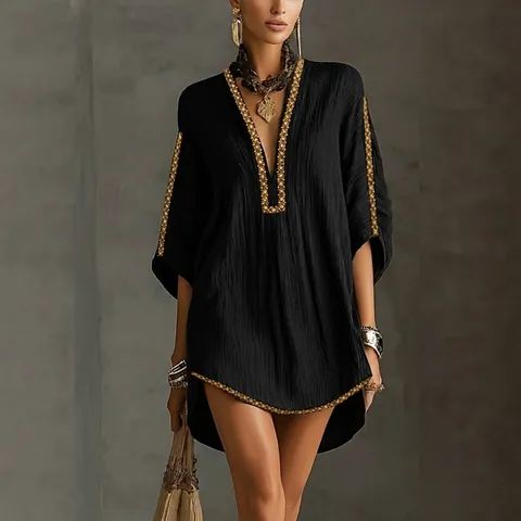 Women V-Neck Mini Dress Bohemian Western Webbing Trim High Waist Casual Vacation Loose Tunic Short Dress