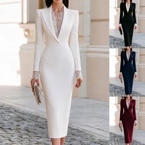 Women's Elegant Blazer Collar Lace Patchwork Long Sleeve Bodycon Midi Dress Professional Business Commuter Polyester Office Dress