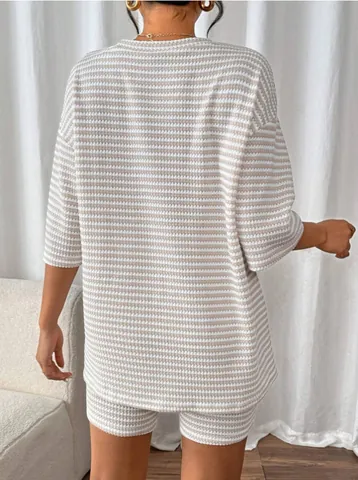 Women Striped Ribbed Knit Two Piece Set Casual Short Sleeve Top And Bottom Shorts Loungewear Set