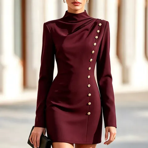 Women Elegant Mock Neck Long Sleeve Ruched Mini Dress Slim Fit Gold Button Cocktail Party Banquet Bodycon Dress