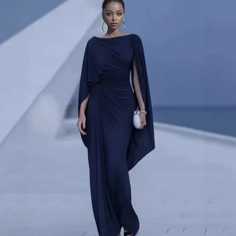 Women Ruched Cape Sleeve Maxi Dress Elegant Solid Color Slash Neck Formal Evening Party Gown Polyester Spandex Slim Fit Dress