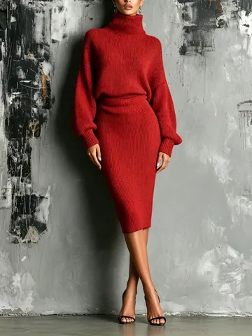 Vestido Midi de Punto para Mujer Cuello Alto Manga Larga Slim Fit Vestido de Suéter Ajustado Mezcla Poliéster Color Sólido Otoño Invierno