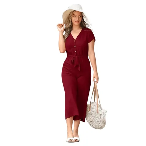 Women V-Neck Short Sleeve Jumpsuit with Belt Casual Cotton Linen Blend Wide Leg Romper Solid Color Elegant Commuter Outfit