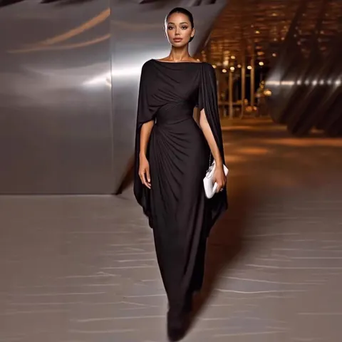 Women Ruched Cape Sleeve Maxi Dress Elegant Solid Color Slash Neck Formal Evening Party Gown Polyester Spandex Slim Fit Dress