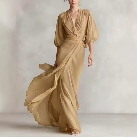 Elegant Deep V-Neck Wrap Maxi Dress For Women Lantern Sleeve Slim Tie Waist Polyester Spandex Celebrity Style Long Dress