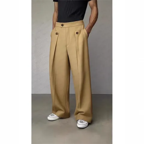 Pantaloni da Abito Casual da Uomo Vita Alta Pieghettati Gamba Dritta Vestibilità Larga in Poliestere Tinta Unita Autunno Inverno