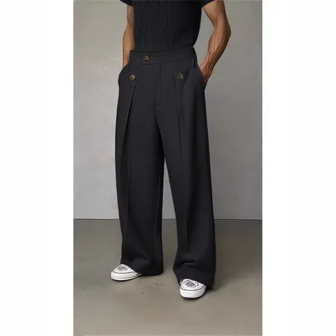 Pantaloni da Abito Casual da Uomo Vita Alta Pieghettati Gamba Dritta Vestibilità Larga in Poliestere Tinta Unita Autunno Inverno